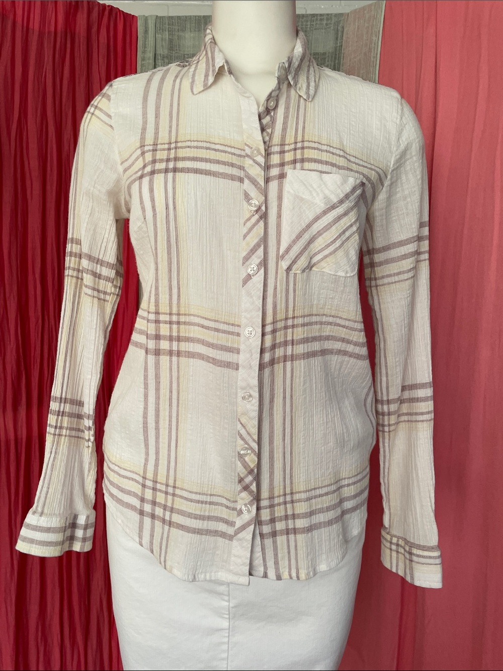 Plaid Cream / Taupe Button-Down Shirt with paisley back panel